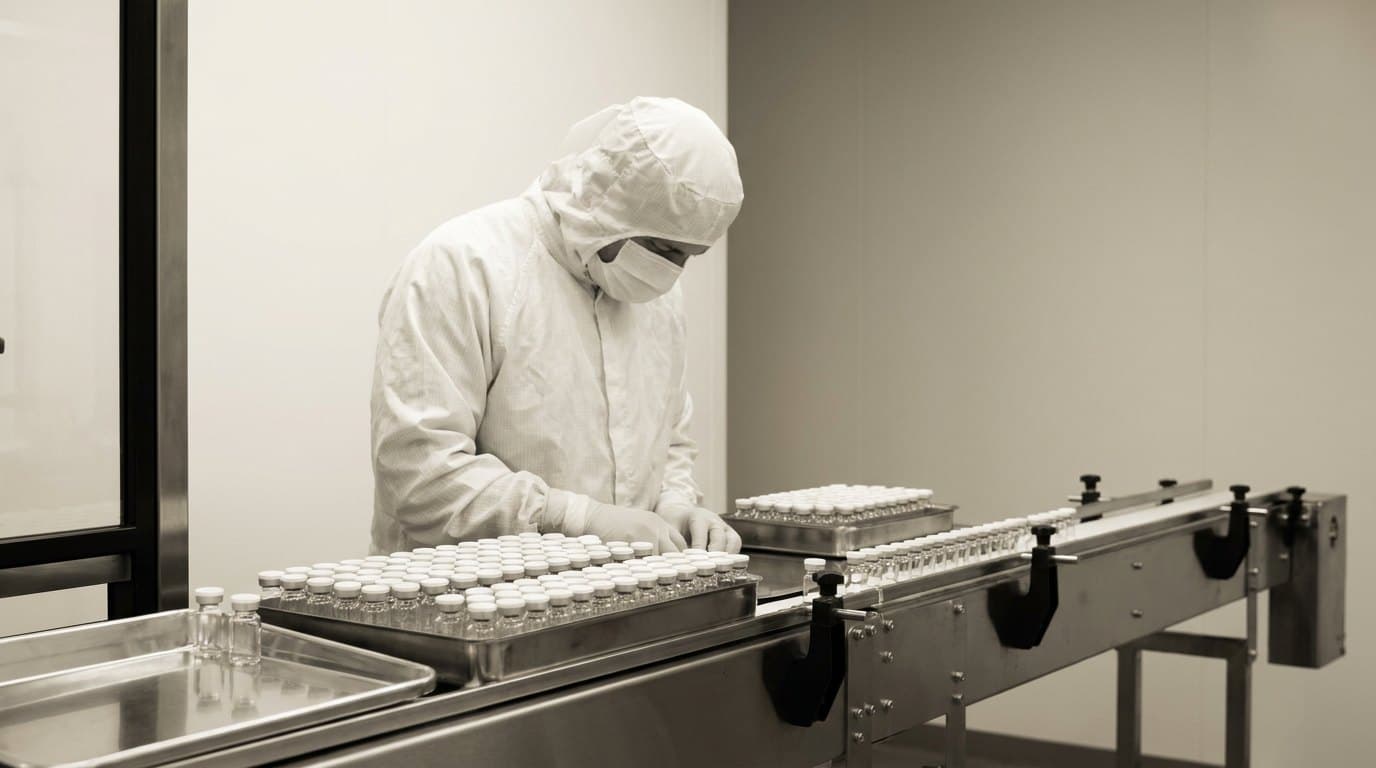 Vials on a filling line in a cleanroom